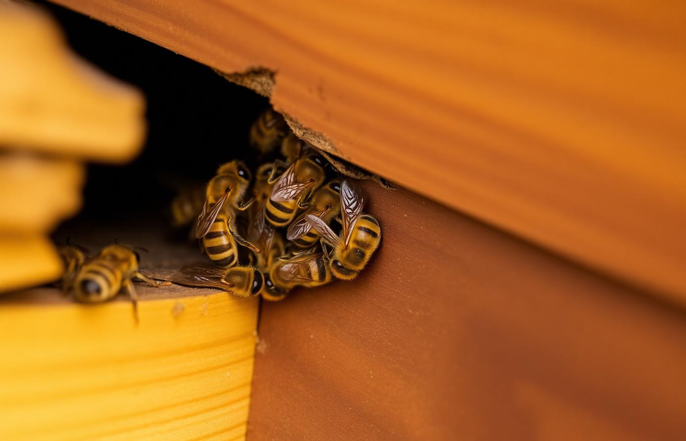 Abeilles domestiques rassemblées à l'entrée d'une ruche en bois